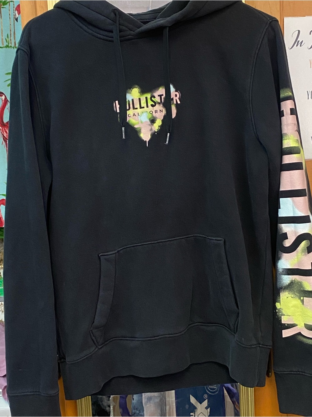 Hollister Black Hoodie with Pastel Pink & Neon Yellow Accents